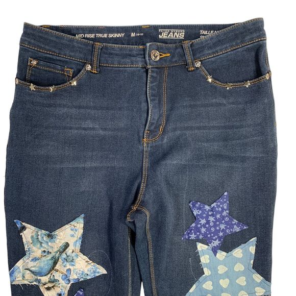 Peter Nygard Jeans Patched Boho Blue Stars Skinny Star Studs Womens Medium - Picture 2 of 12